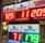 A signboard inside a convenience store displays the current jackpot amounts for various lottery games. There are bright, illuminated numbers in red and green showing the prize amounts: Powerball is at 725 million, Super Lotto Plus at 11 million, Mega Millions at 205 million, Fantasy 5 at 71 thousand, and Daily Derby at 179. In the background, shelves with various drinks and products are visible, along with promotional posters.